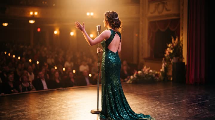 A singer in an evening gown performing on a pageant stage, seen from behind under warm stage light.